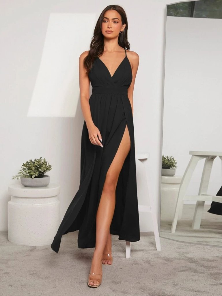 Women's Strap Wrap Slit Detail Local Crepe Long Dress
