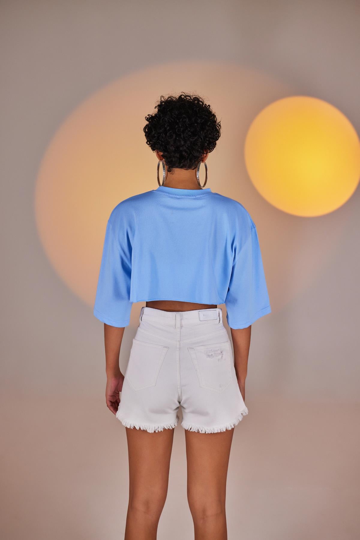 Bisiklet Yaka Holly Crop Tshirt Mavi