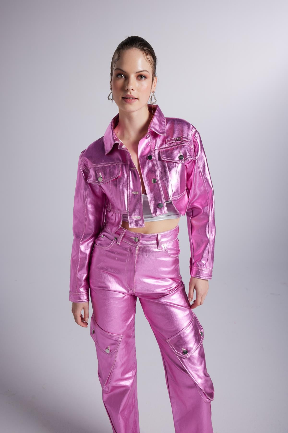 Varak Kaplama Crop Millen Ceket Pembe