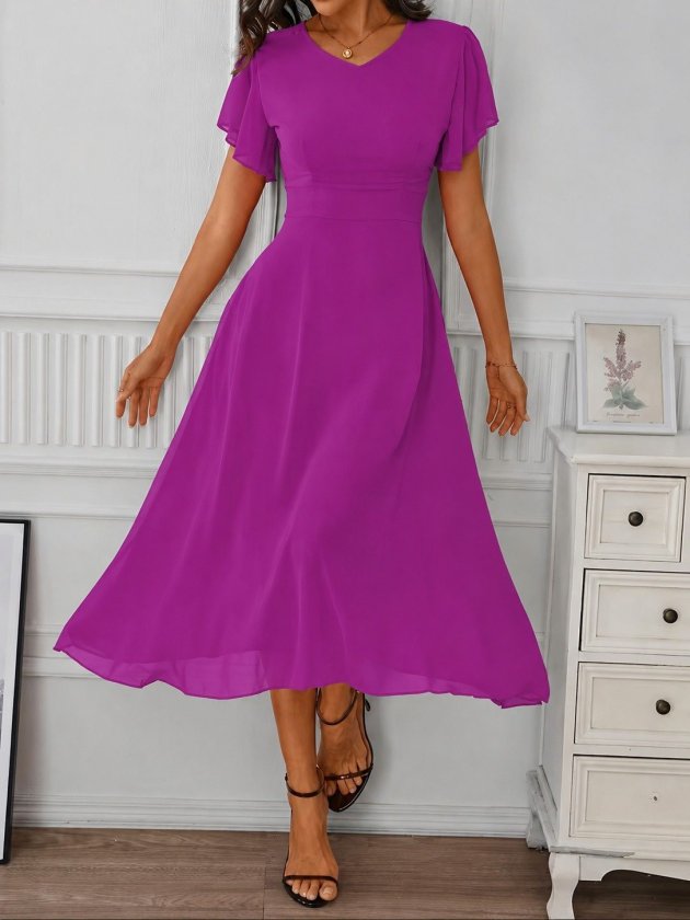 Women's Short Sleeve V-Neck Midi Lined Chiffon Dress