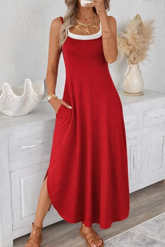 Women's Spaghetti Strap Round Neck Pocket Long Viscose Dress