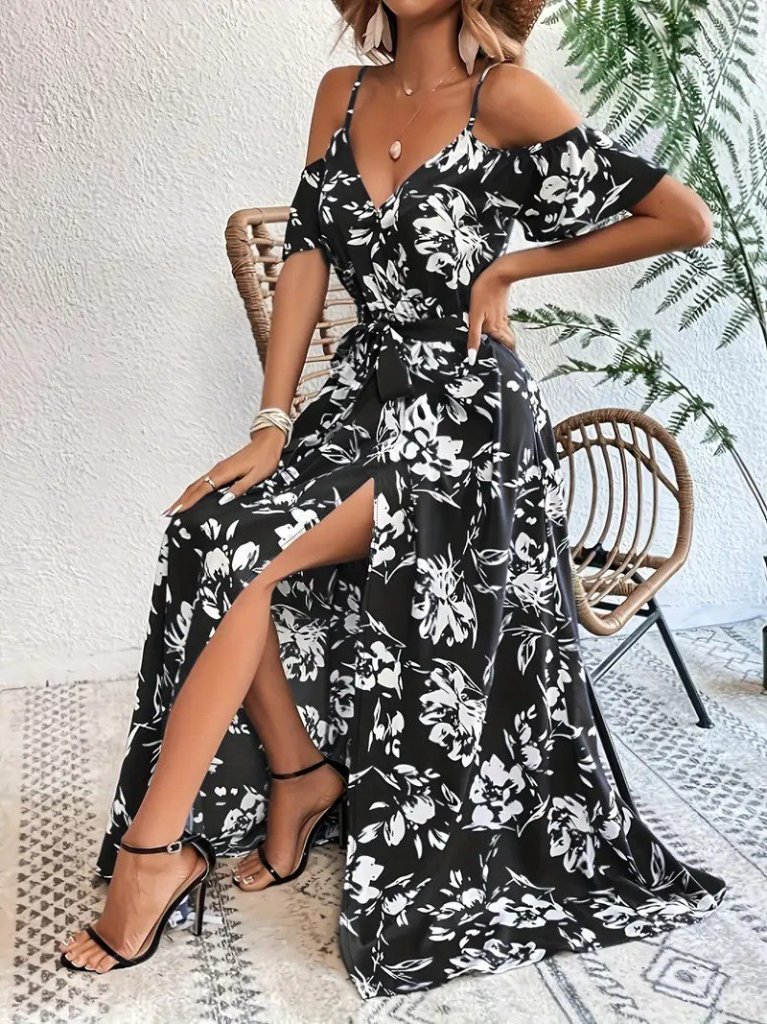 Women's Spaghetti Strap Short Sleeve Wrap Neck Slit Patterned Supreme Dress