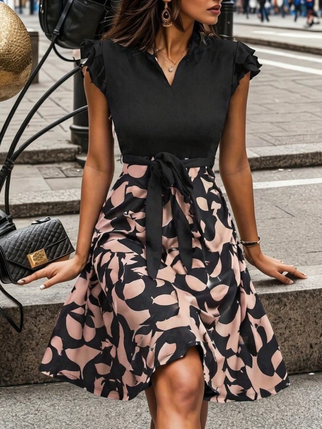 Women's Short Sleeve Ruffled Sleeve Mini Belted Flared Crepe Dress