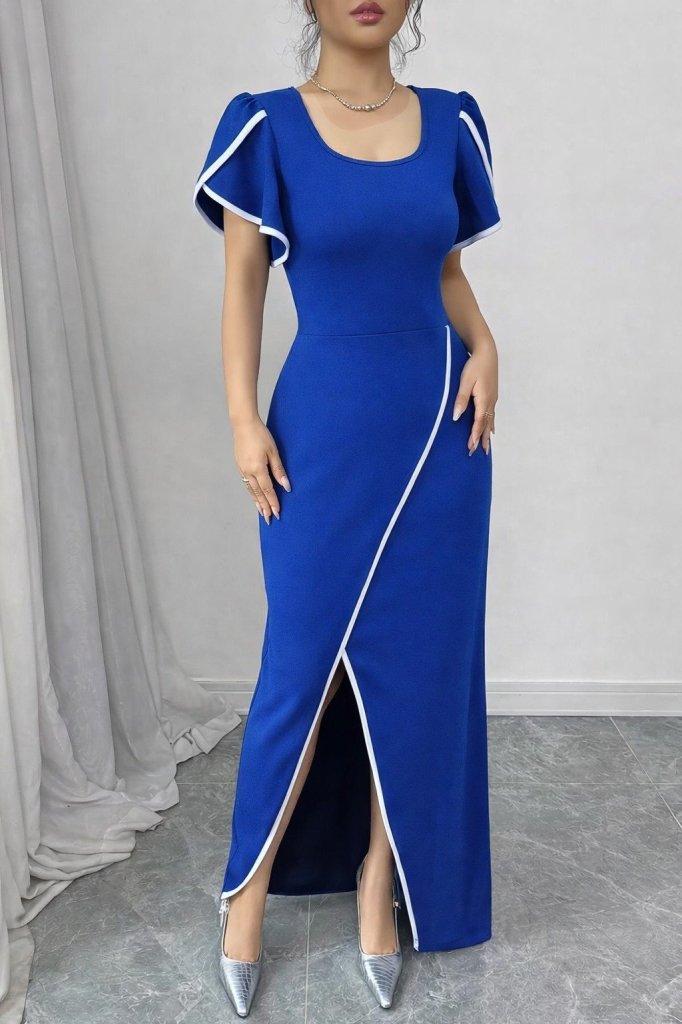 Women's Short Sleeve Square Neck Front Cross Cut Detail Crepe Dress
