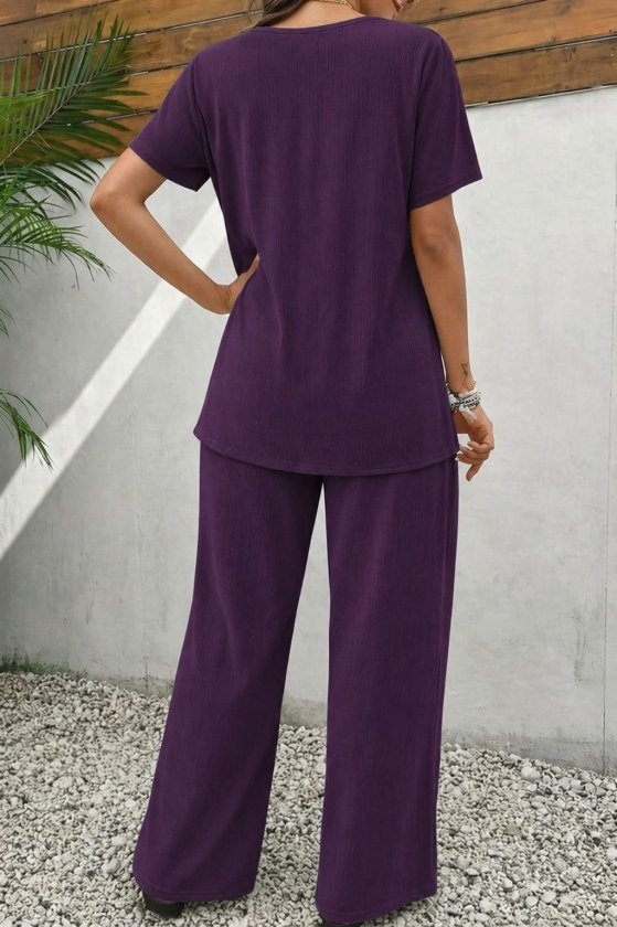 Women's Short Sleeve Crew Neck Asymmetric Cut Detailed Crinkle Blouse and Pants Two-Piece Set