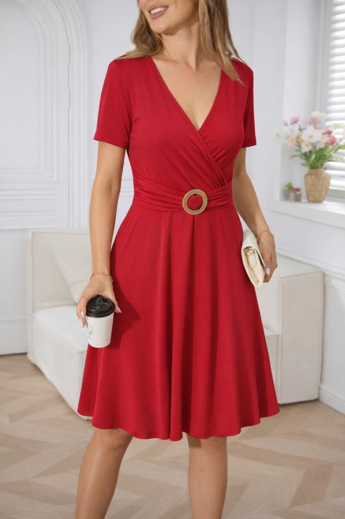 Women's Short Sleeve Wrap Neck Front Buckle Detailed Short Viscose Dress