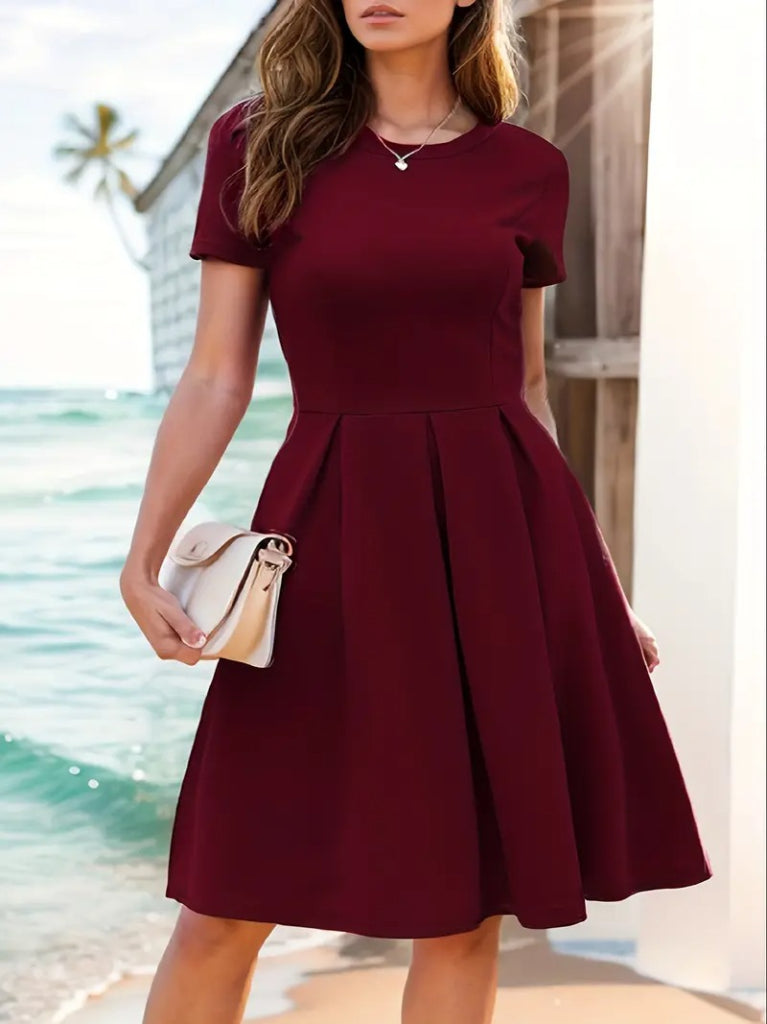 Women's Short Sleeve Crew Neck Front Pleated Detail Ruffled Crepe Dress