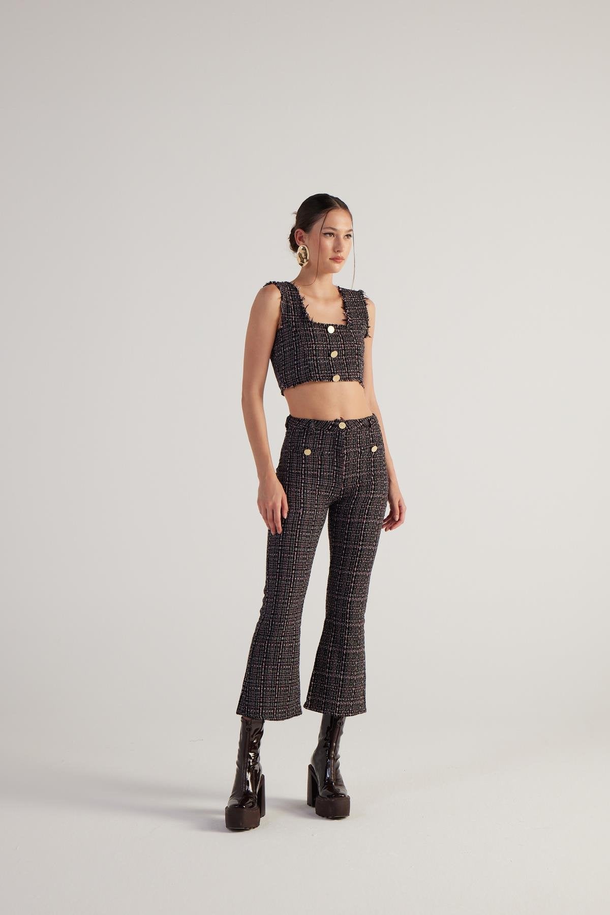 Tüvit Kumaş Crop Tweed Büstiyer Siyah