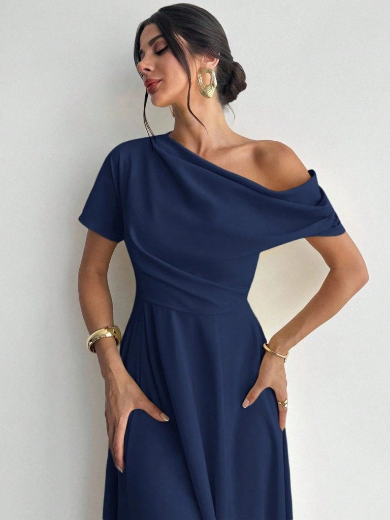 Women's Off-Shoulder Short Sleeve Pleated Shoulder Long Janjan Crepe Dress
