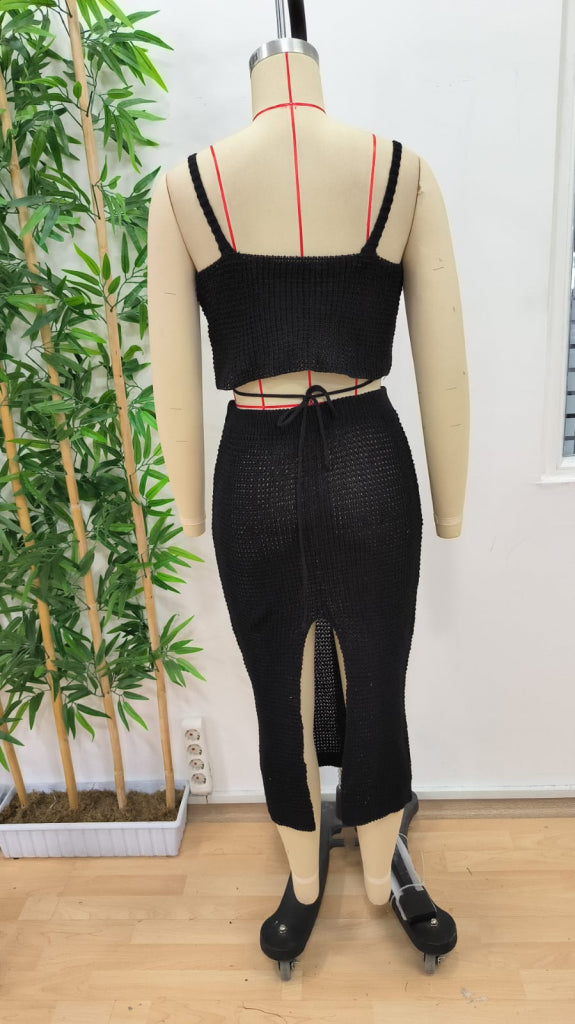 Kadın Askılı Crop Bel Detaylı Derin Yırtmaçlı Etek Triko Ikili Takım , 35954