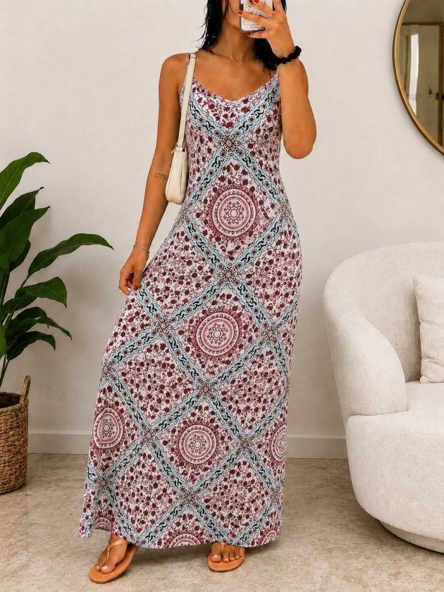 Women's Spaghetti Strap V-Neck Patterned Supreme Long Dress