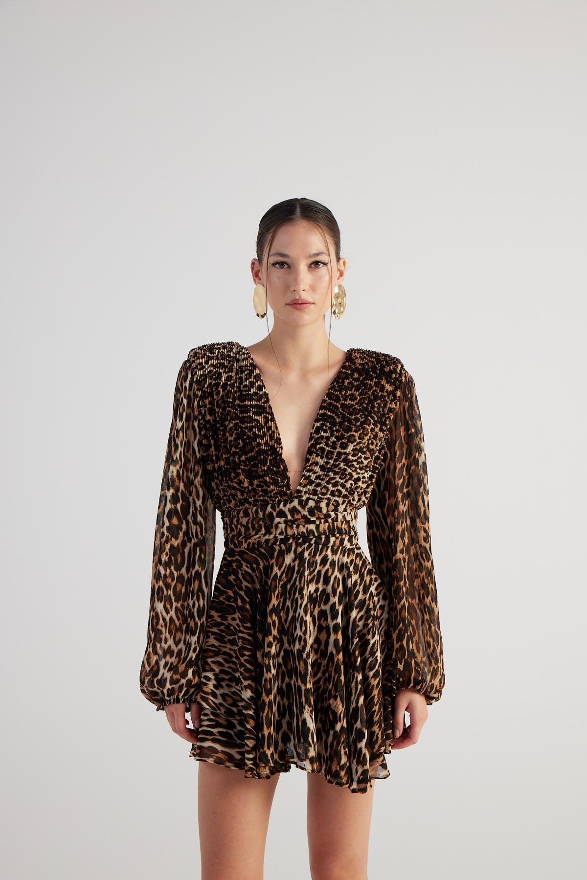 Leopar Desenli V Yaka Mini Janet Elbise Kahve