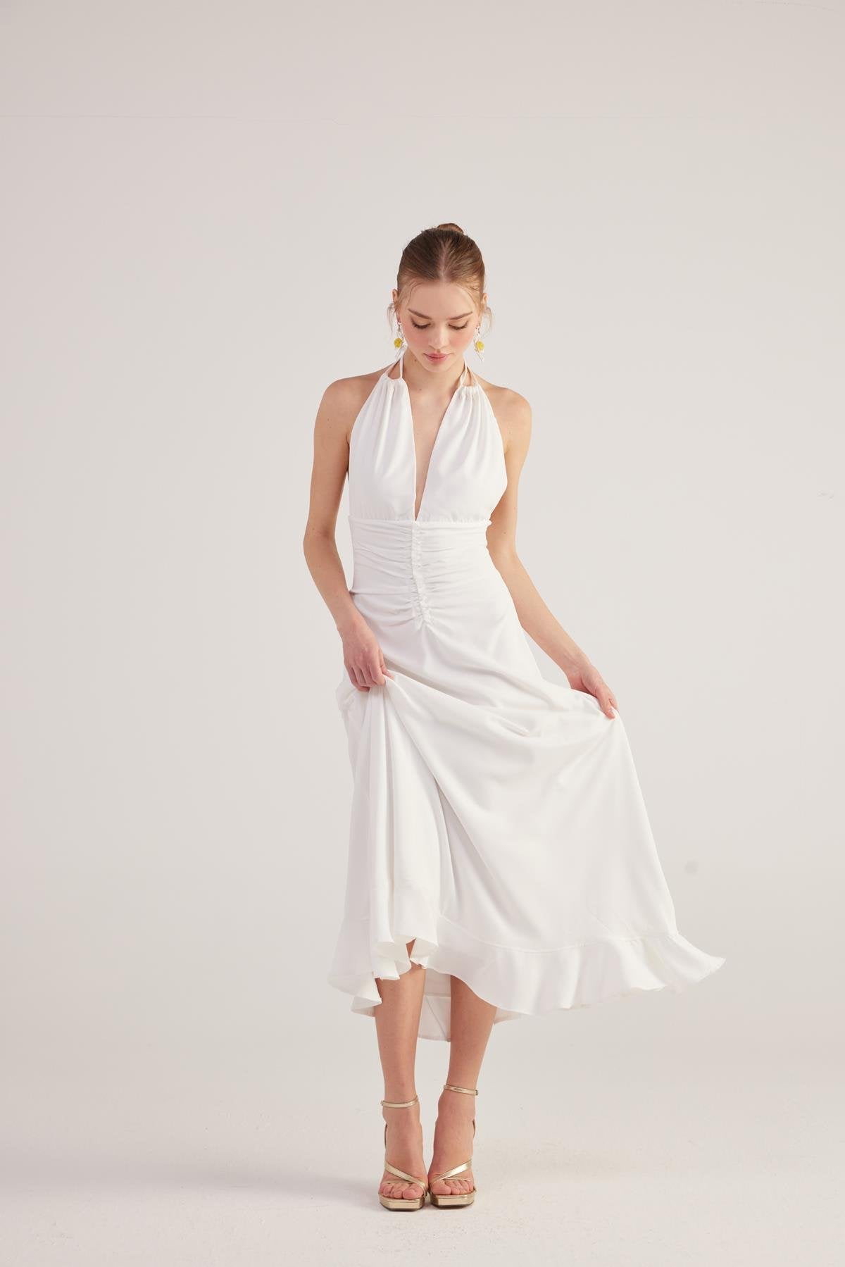 Boyundan Bağlamalı Uzun Singa Elbise Beyaz