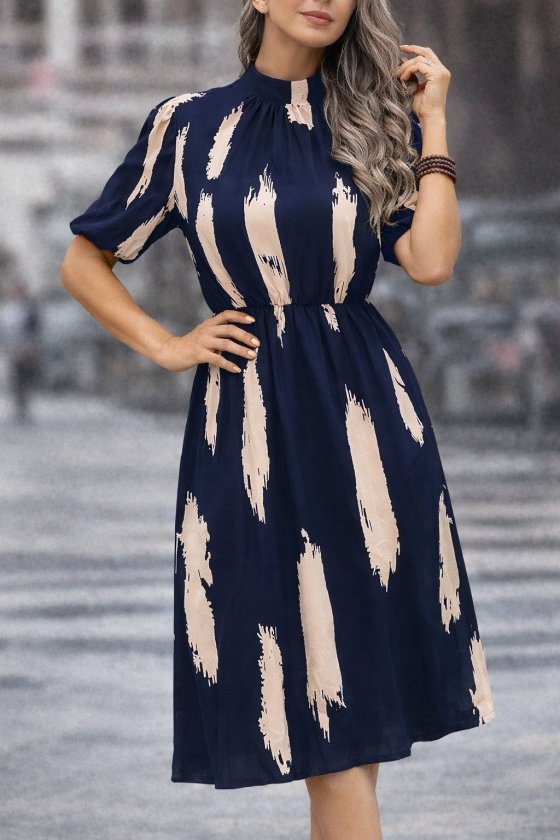 Women's Short Sleeve Half Turtleneck Pocketed Patterned Midi Dress