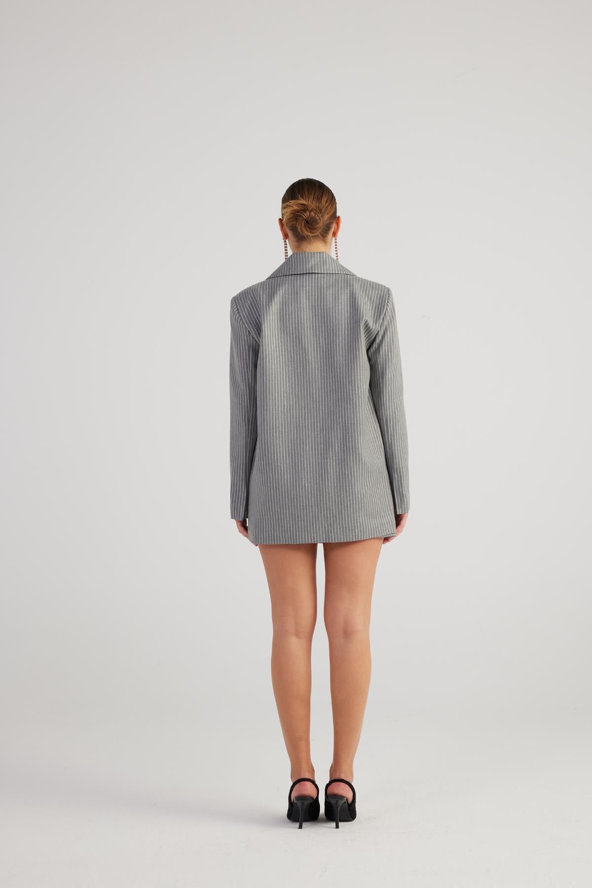 Oversize Kesim Simli Çizgili Eden Blazer Ceket Gri