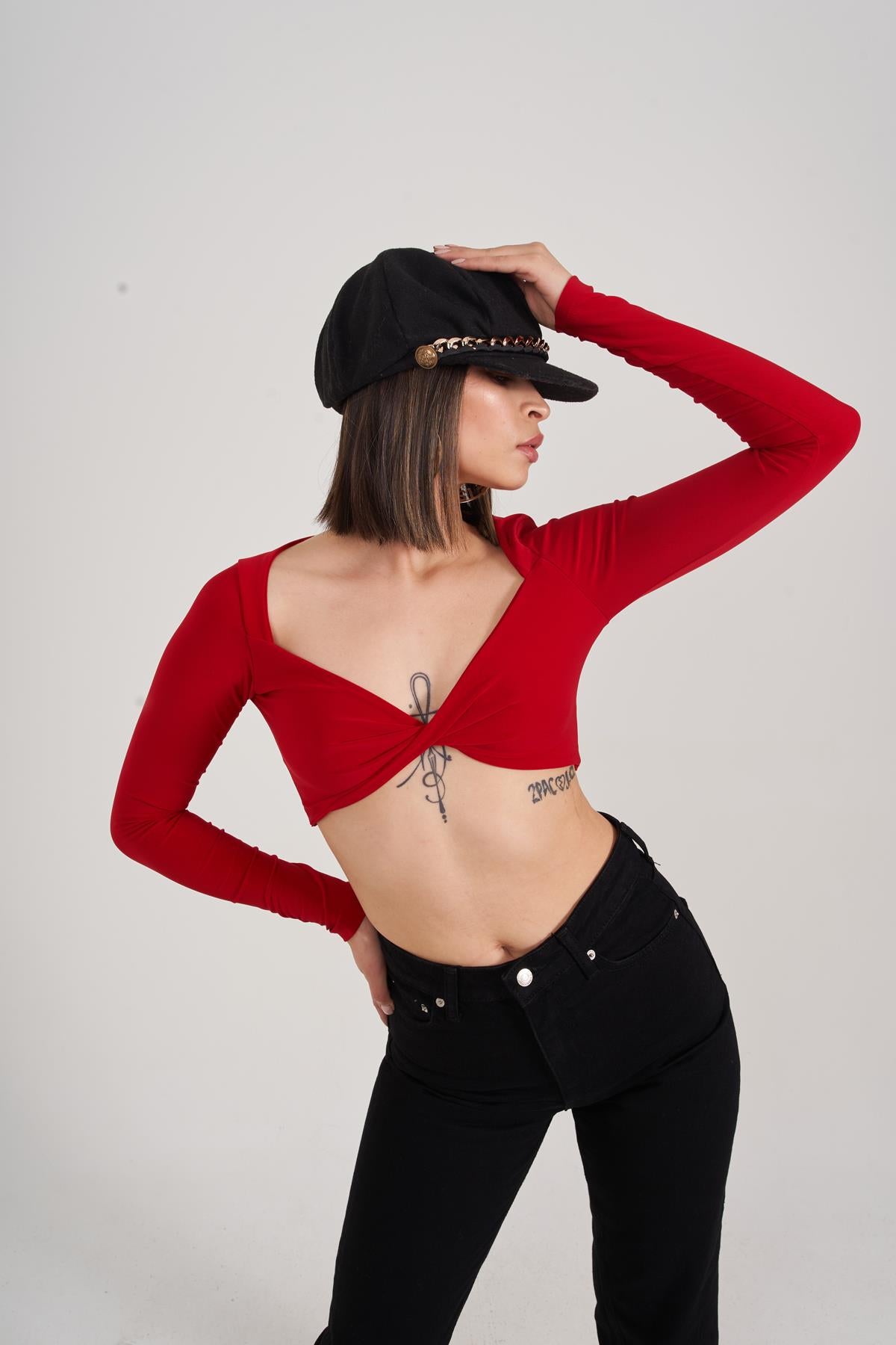 Crop Model Uzun Kol Walery Bluz Kırmızı