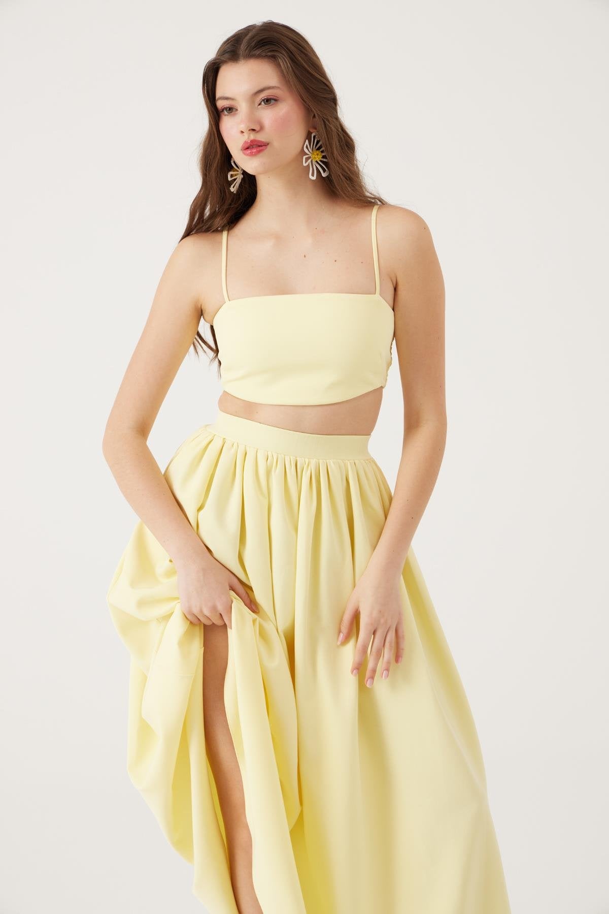 Cepli Uzun Etek ve Crop İkili Isabella Takım Sarı