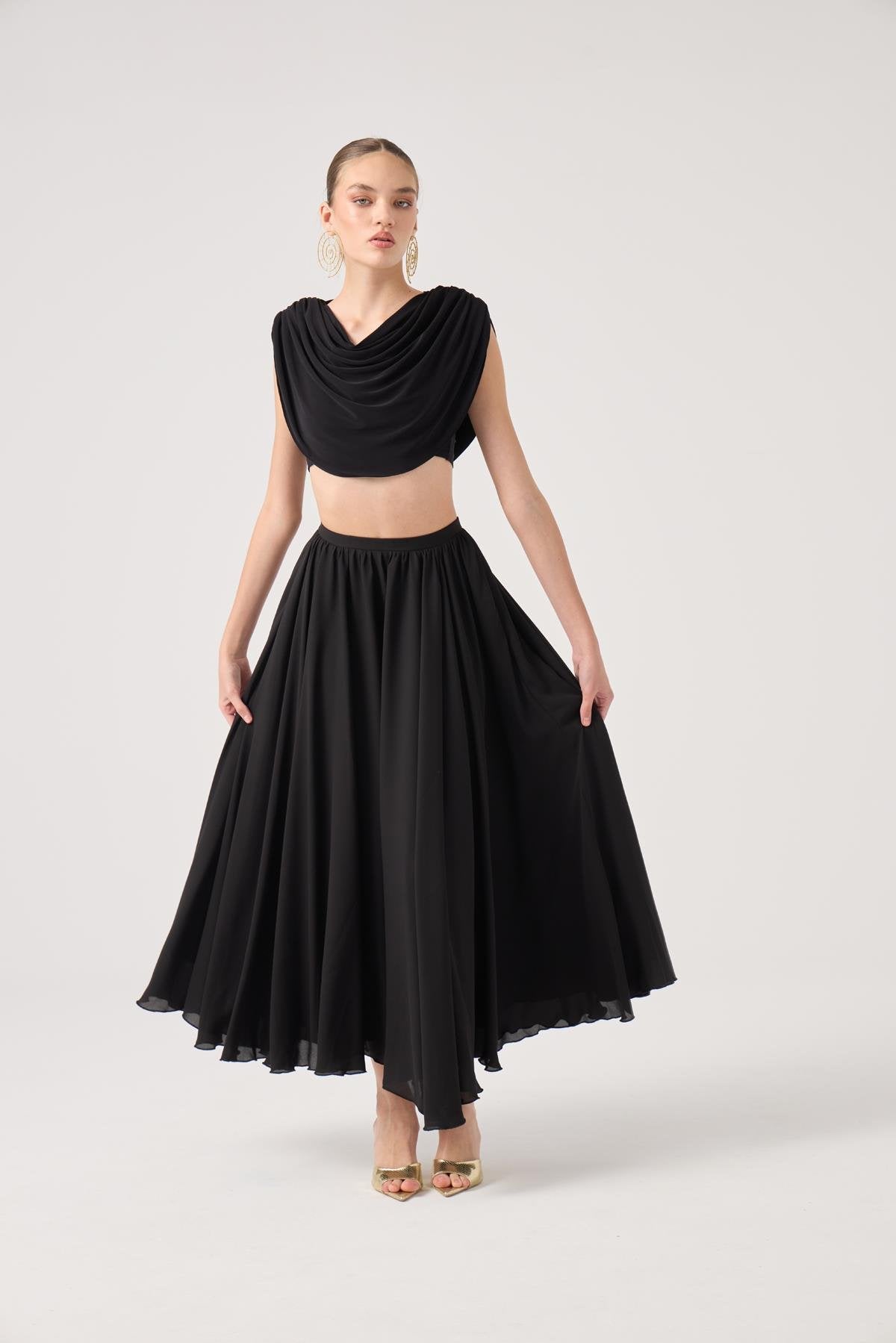 Şifon Etekli Pelerin Bluz Büstiyer 3 lü Alanna Takım Siyah