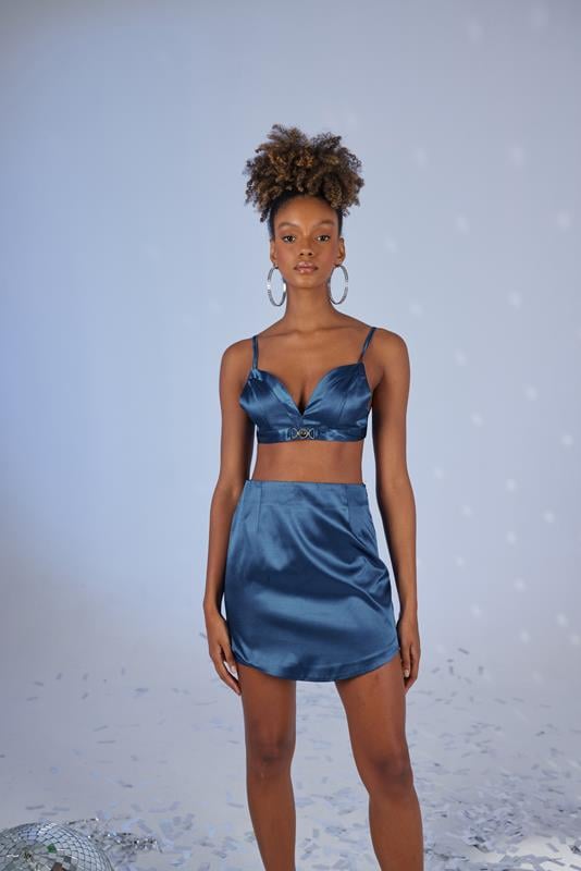 Askılı Crop Saten Fancy Büstiyer Lacivert