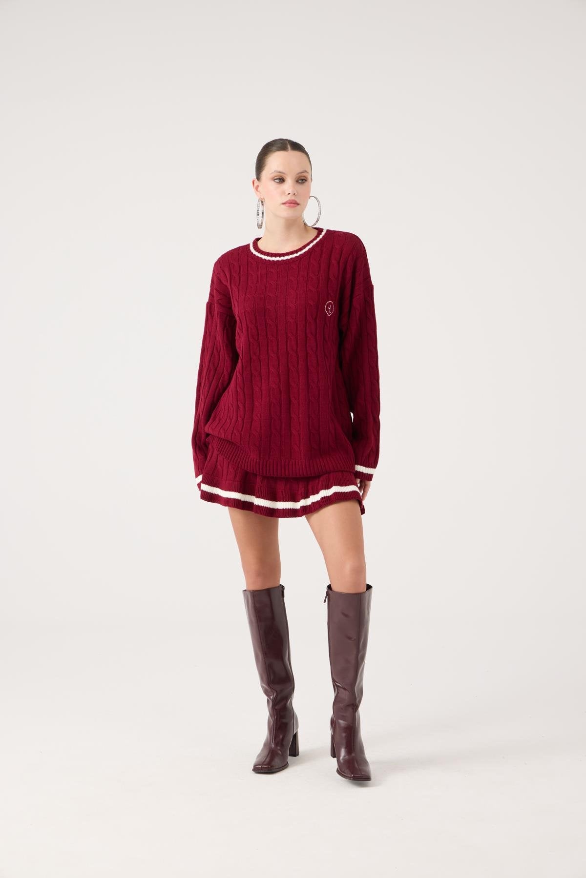 Logolu Örgü Desenli Oversize Triko Harold Kazak Bordo