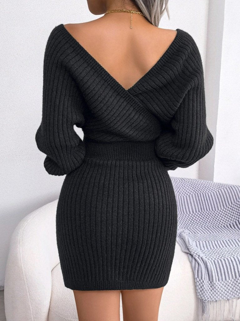 Kadın Uzun Kollu Kruvaze Geniş Yakalı Mini Triko Elbise