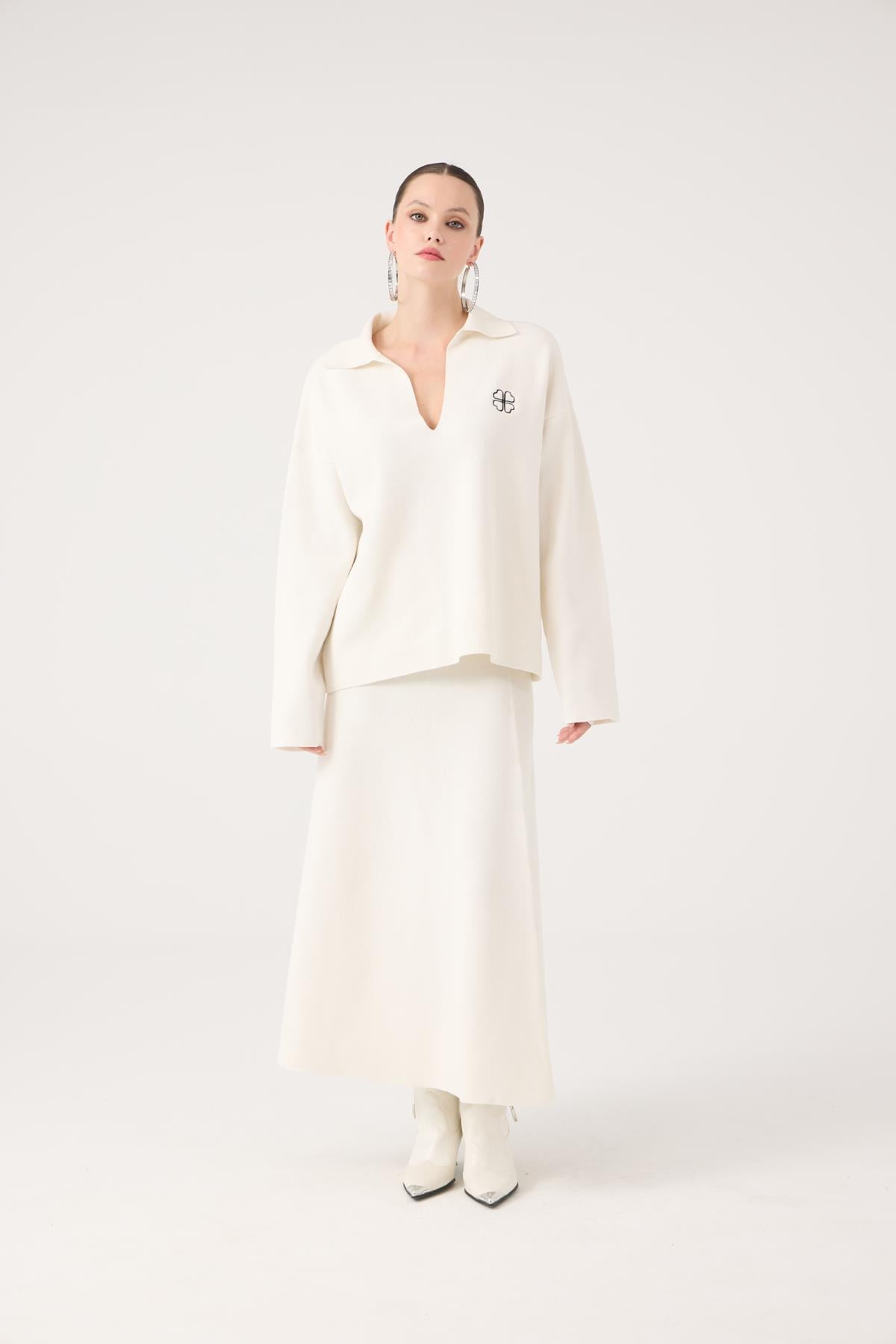 Oversize Kesim Polo Yaka Zoi Triko Kazak Beyaz