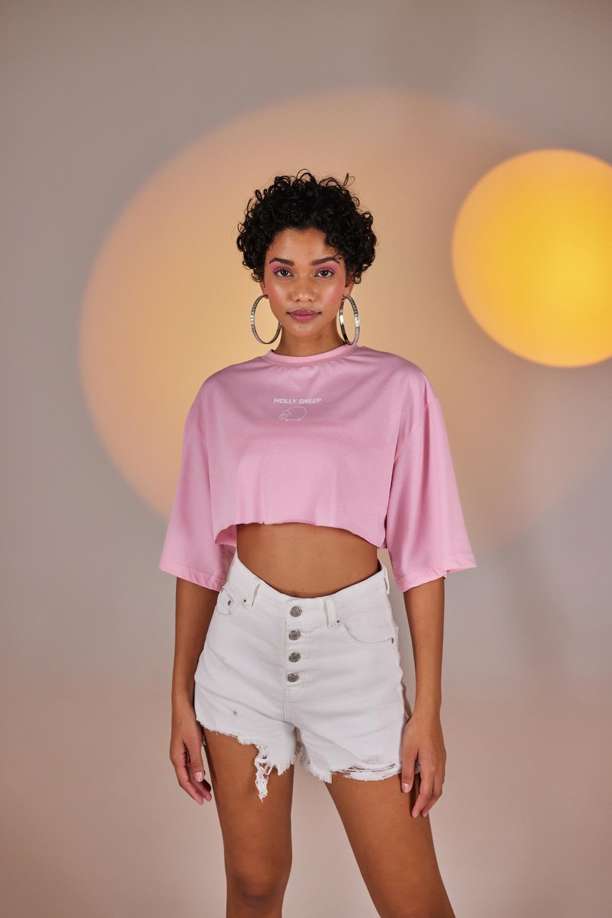 Bisiklet Yaka Holly Crop Tshirt Pembe