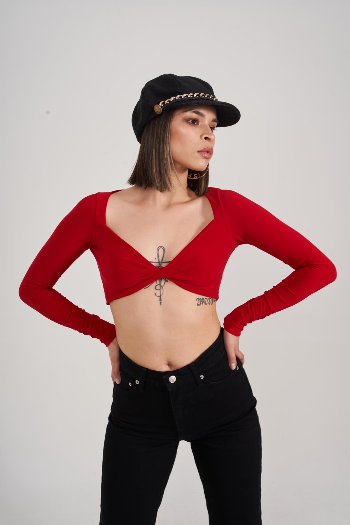 Crop Model Uzun Kol Walery Bluz Kırmızı
