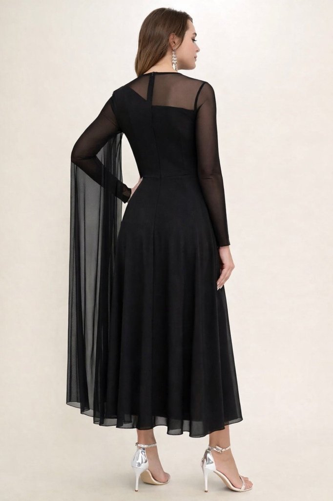 Women's Long Sleeve Semi-Turtleneck Mesh Detailed Long Sandy Dress