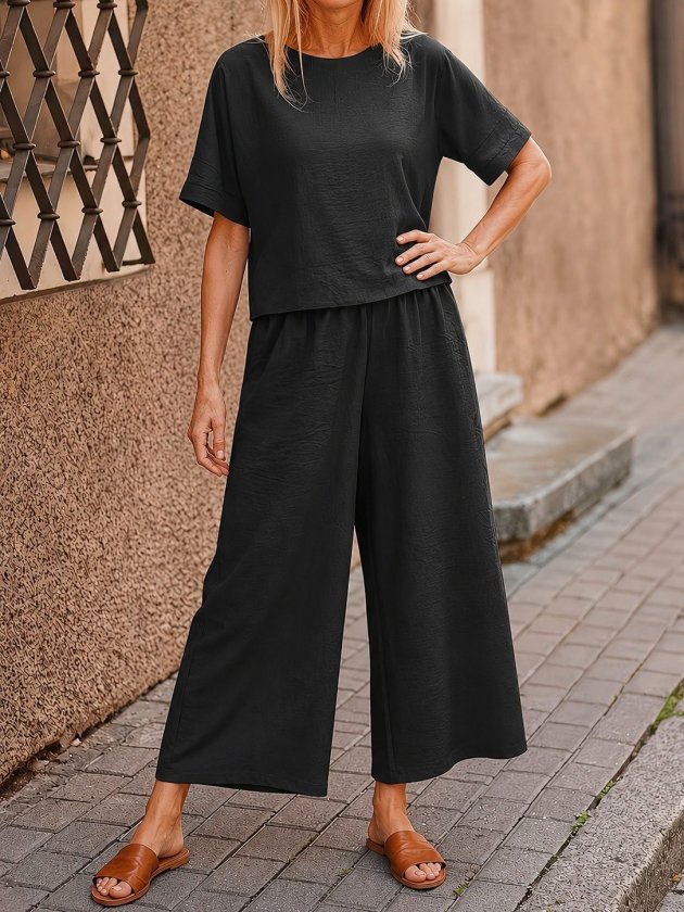 Women's Short Sleeve Boat Neck Blouse and Pants Two-Piece Set