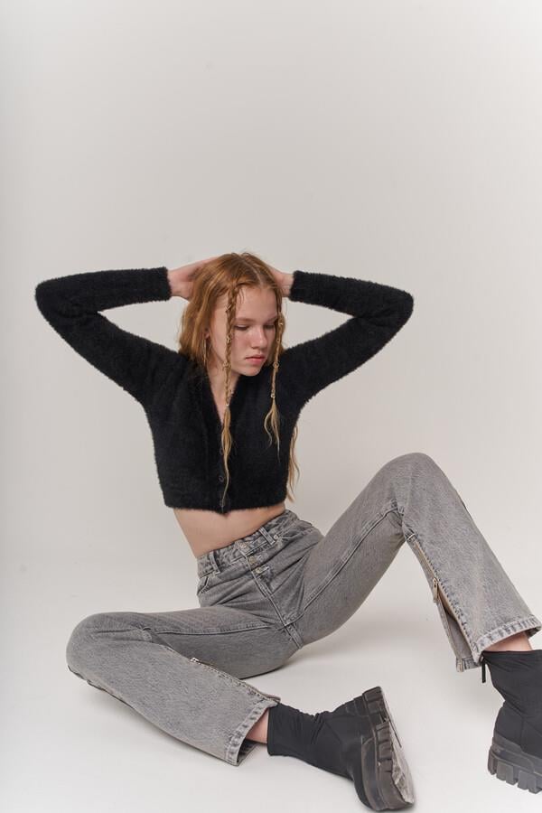 Likrasız Yüksek Bel Straight Kesim Toll Jean Pantolon Gri