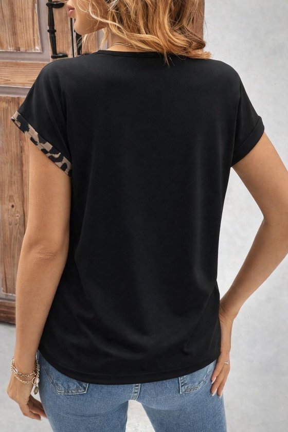 Women's Short Sleeve V Neck Front Buttoned Leopard Pattern Detail Viscose Blouse