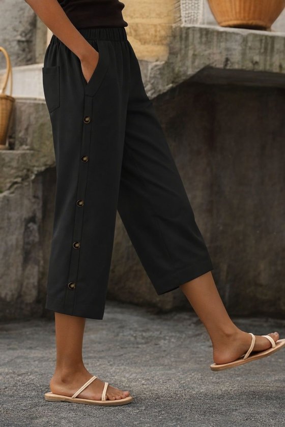 Women's High Waist Elastic Side Button Detail Midi Pants