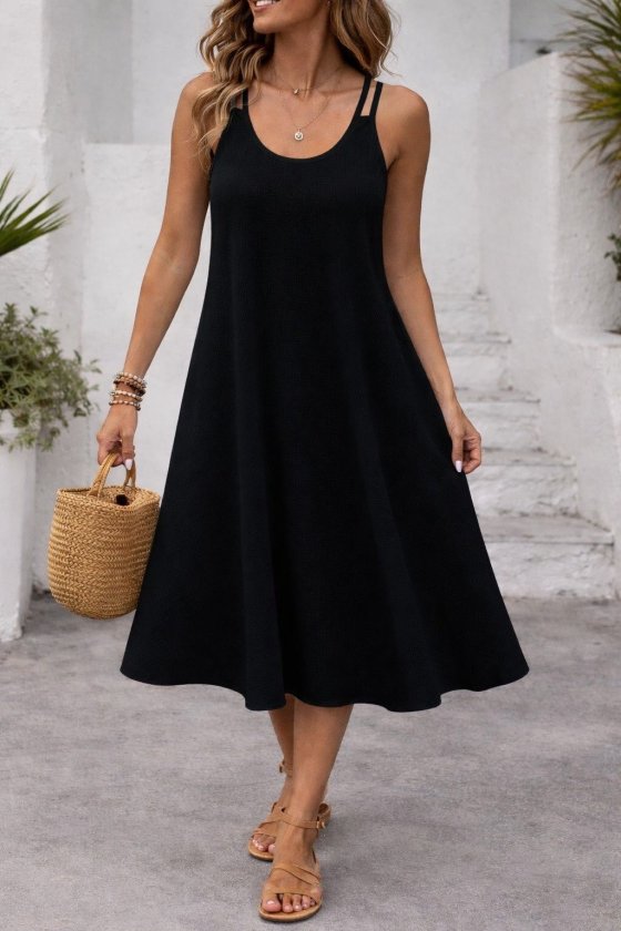 Women's Strap Round Neck Flared Long Viscose Dress