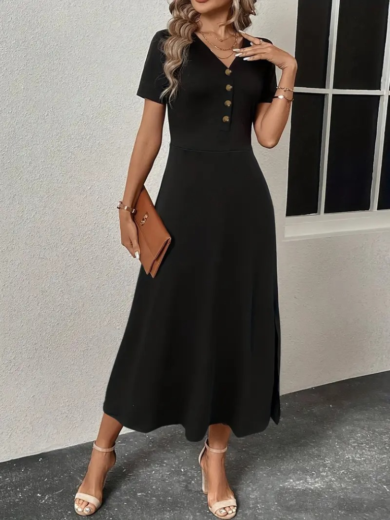 Women’s Short Sleeve V Neck Front Buttoned Slit Midi Viscose Dress