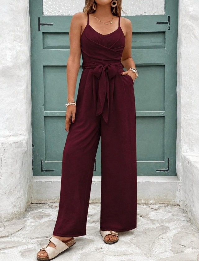 Women’s Spaghetti Strap V-Neck Waist Belted Long Aerobin Jumpsuit