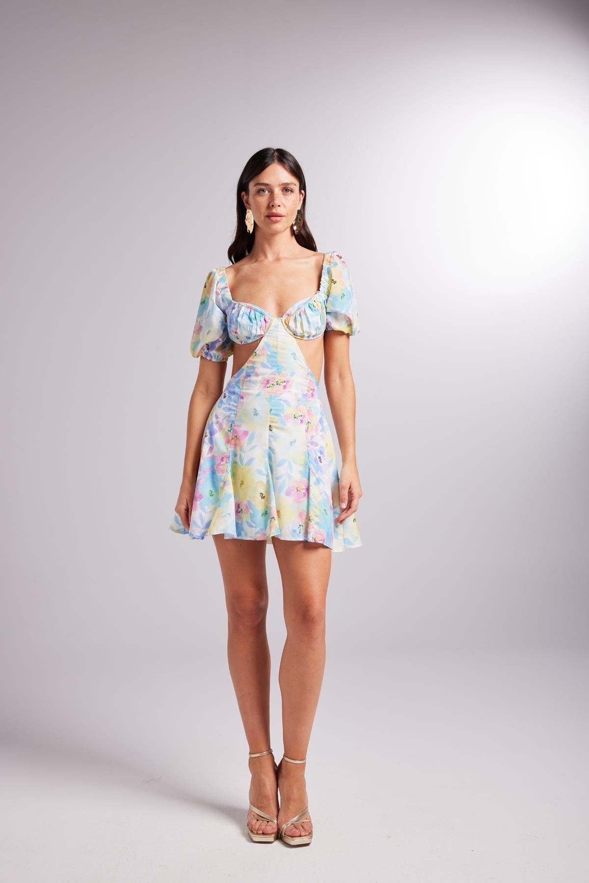 Çiçek Desenli Mini Boy Balon Kol Liana Elbise Mavi