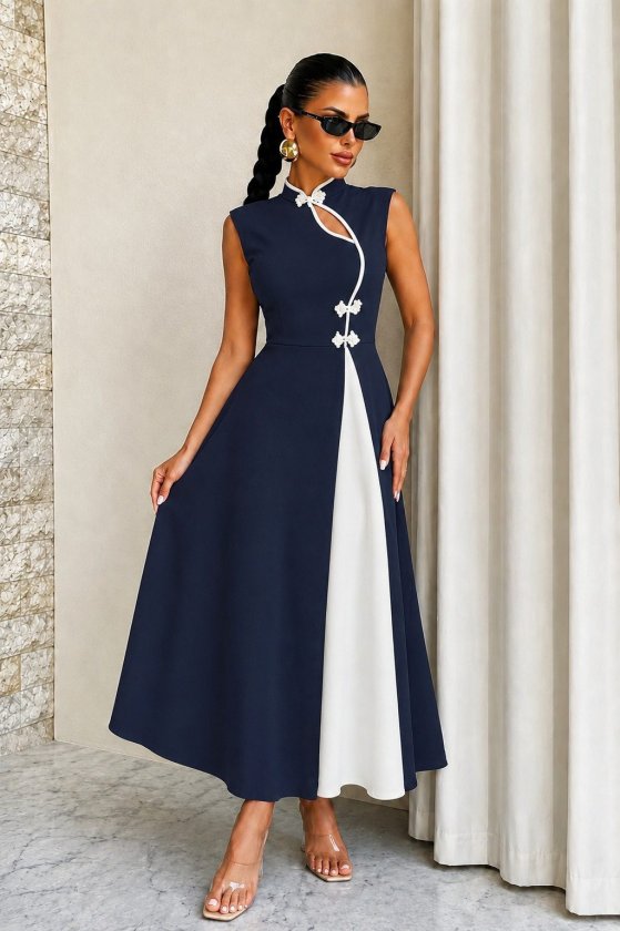 Women's Sleeveless Stand Collar Drop Detail Chinese Button Long Ruffled Crepe Dress