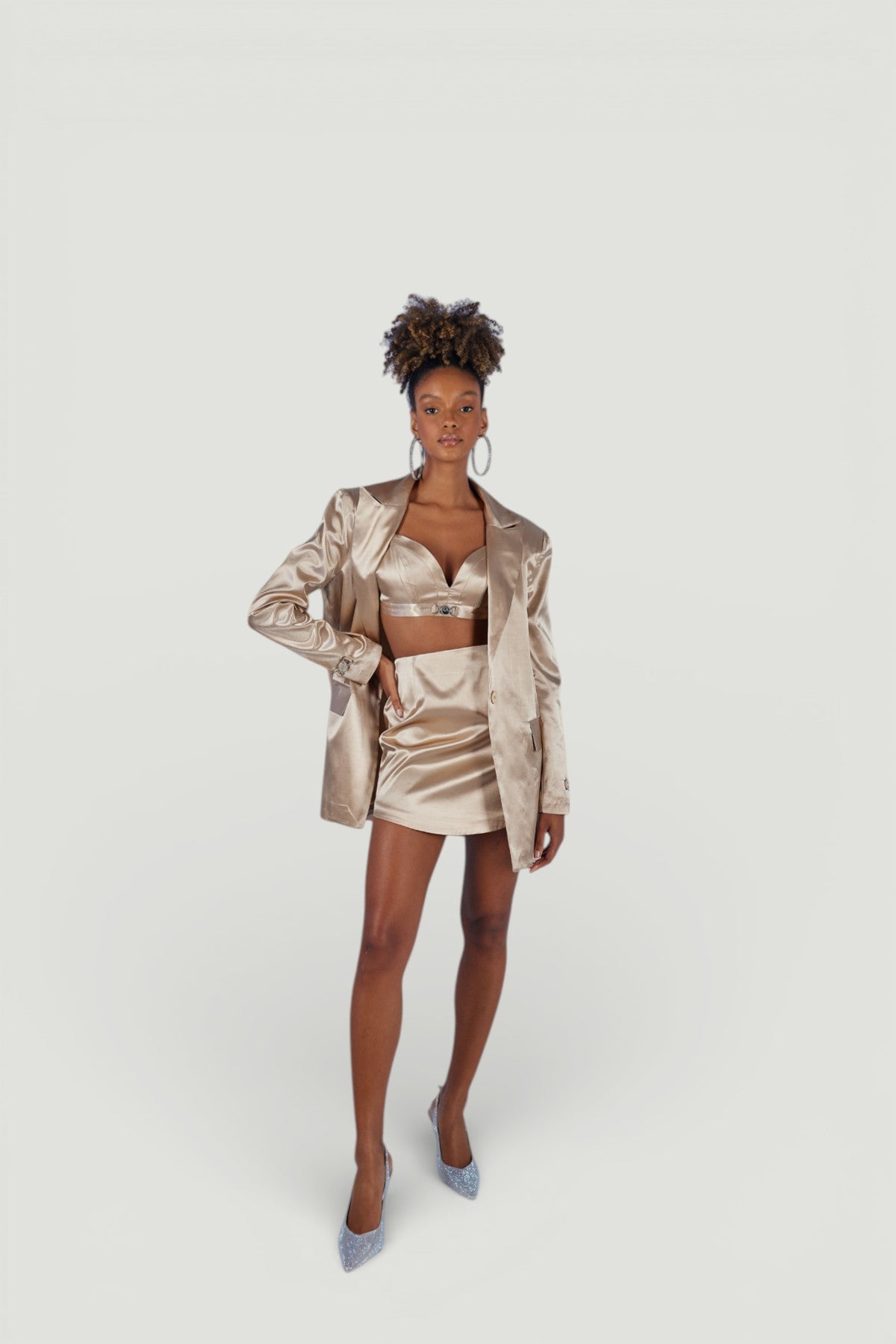 Mini Boy Fermuarlı Saten Fancy Etek Bej