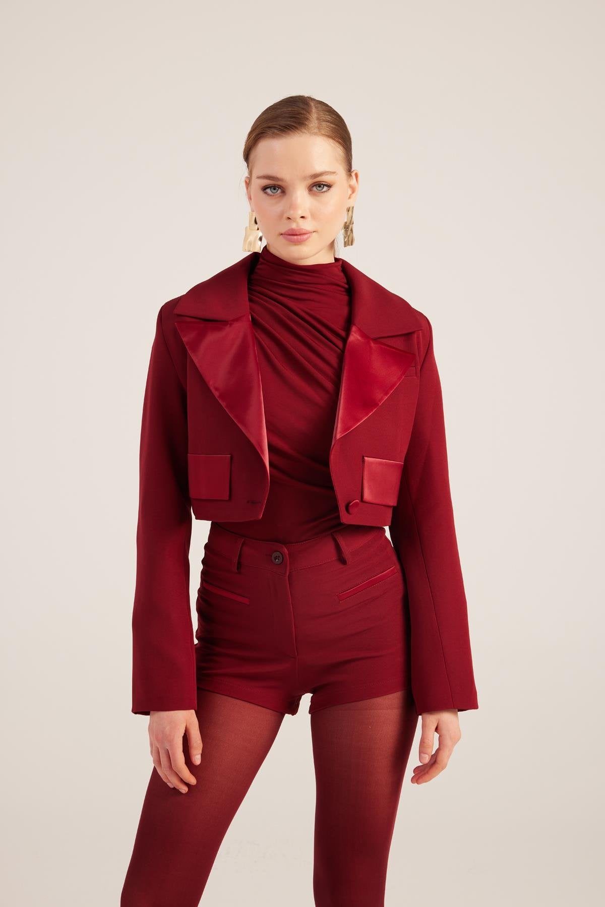 Camila Crop Blazer Ceket Bordo
