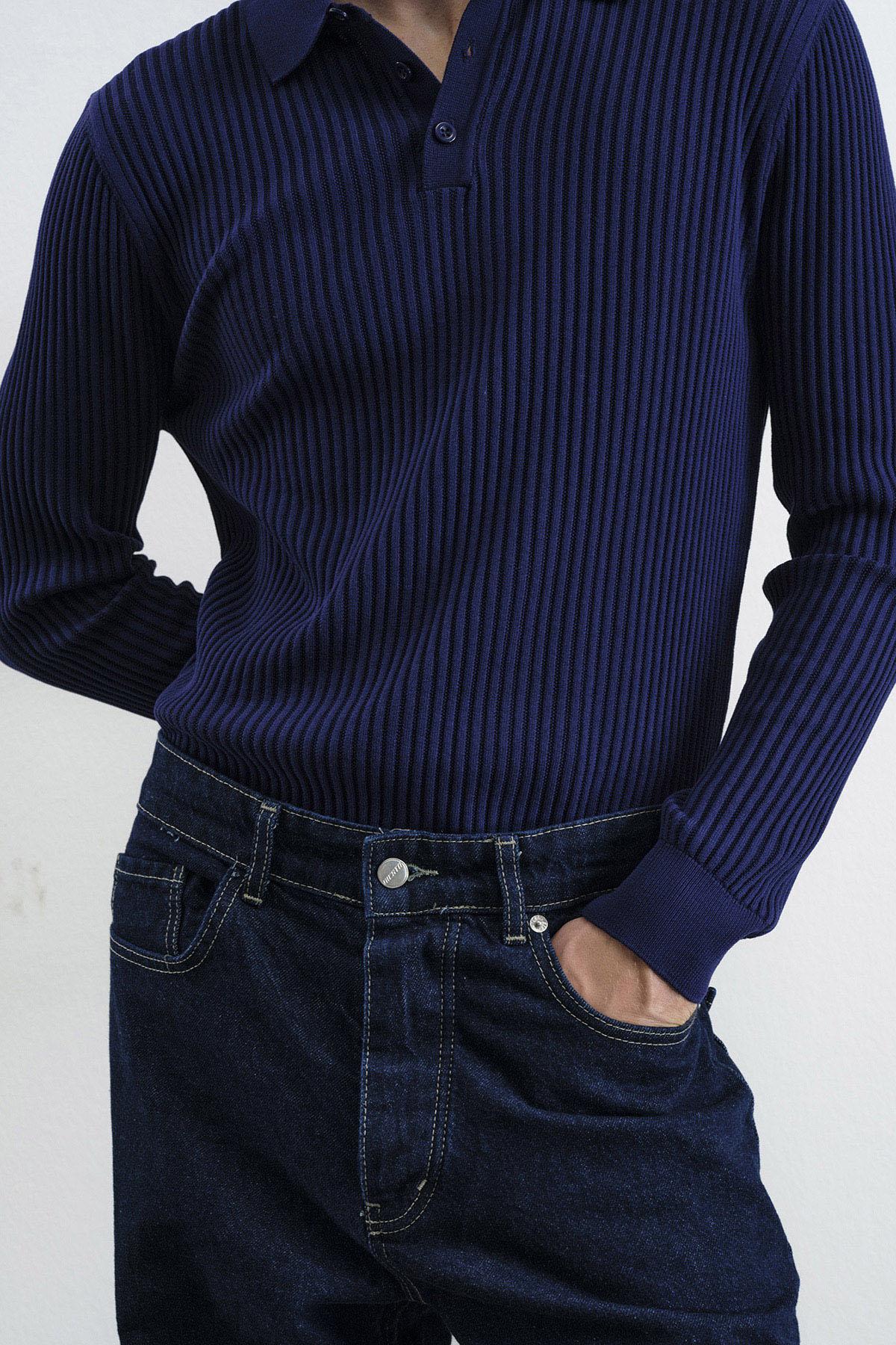 DAR KESİM DÜĞMELİ LACİVERT POLO YAKA TRİKO