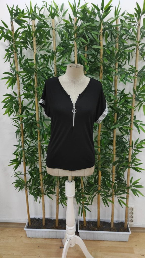 Women's Short Sleeve Front Zipper Glitter Sleeve Cuff Viscose Blouse