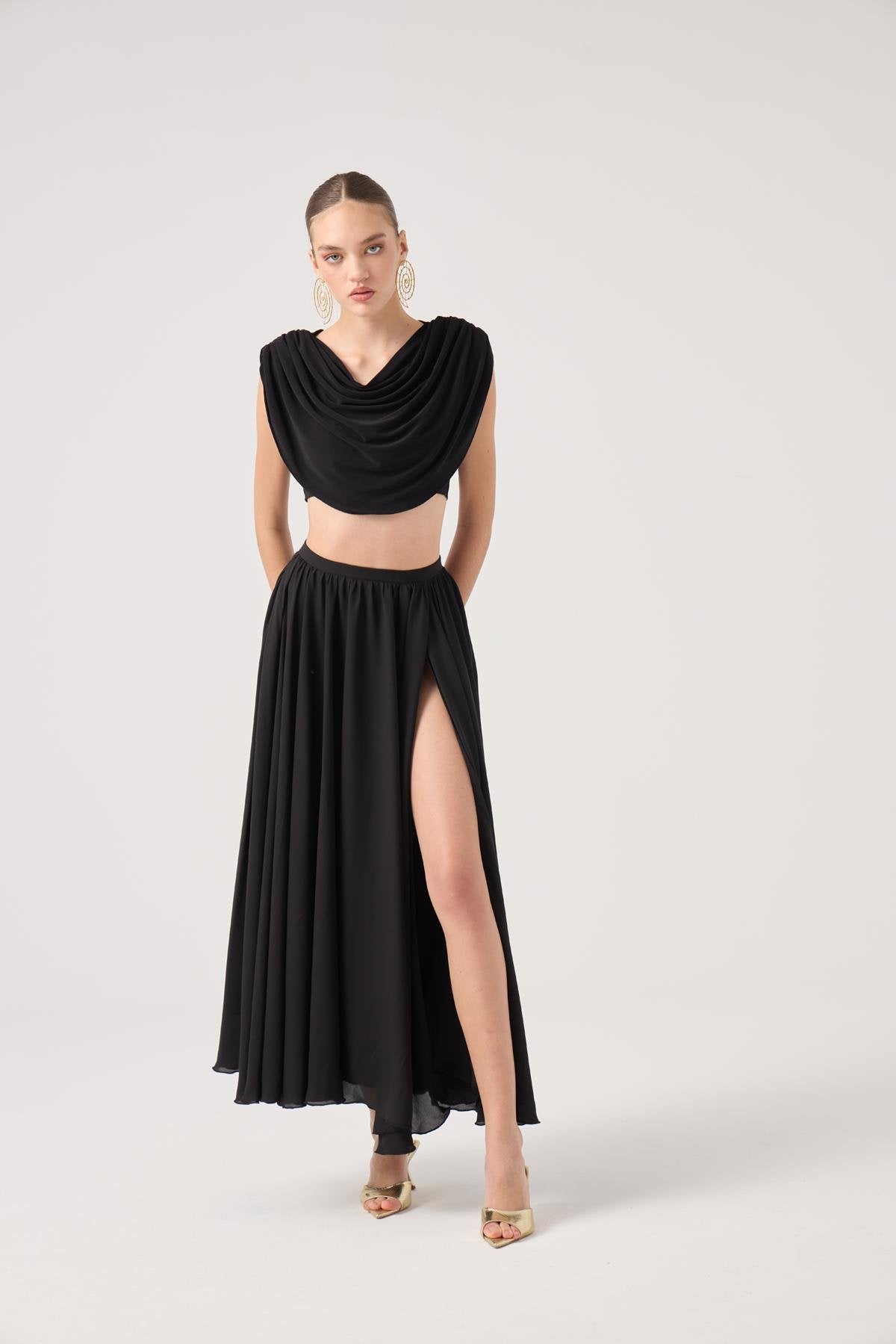 Şifon Etekli Pelerin Bluz Büstiyer 3 lü Alanna Takım Siyah Siyah L