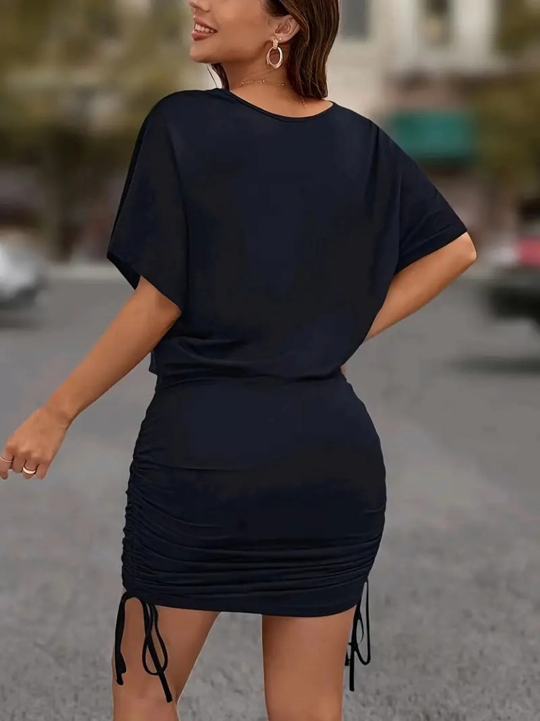 Women's Short Sleeve Crew Neck Side Gathered Short Viscose Dress