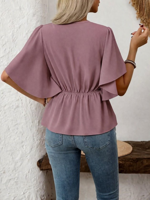 Women's Short Sleeve Front Button Imported Crepe Blouse