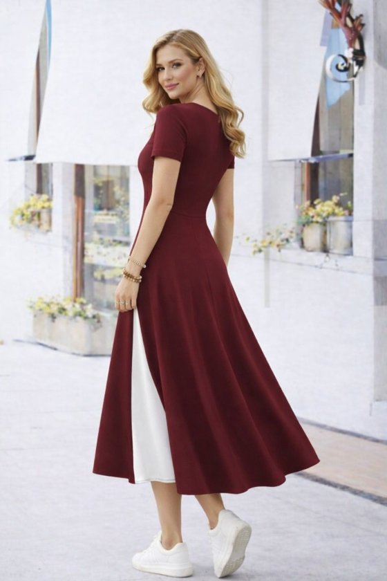 Women's Short Sleeve Asymmetric Collar Button Detail Midi Viscose Dress