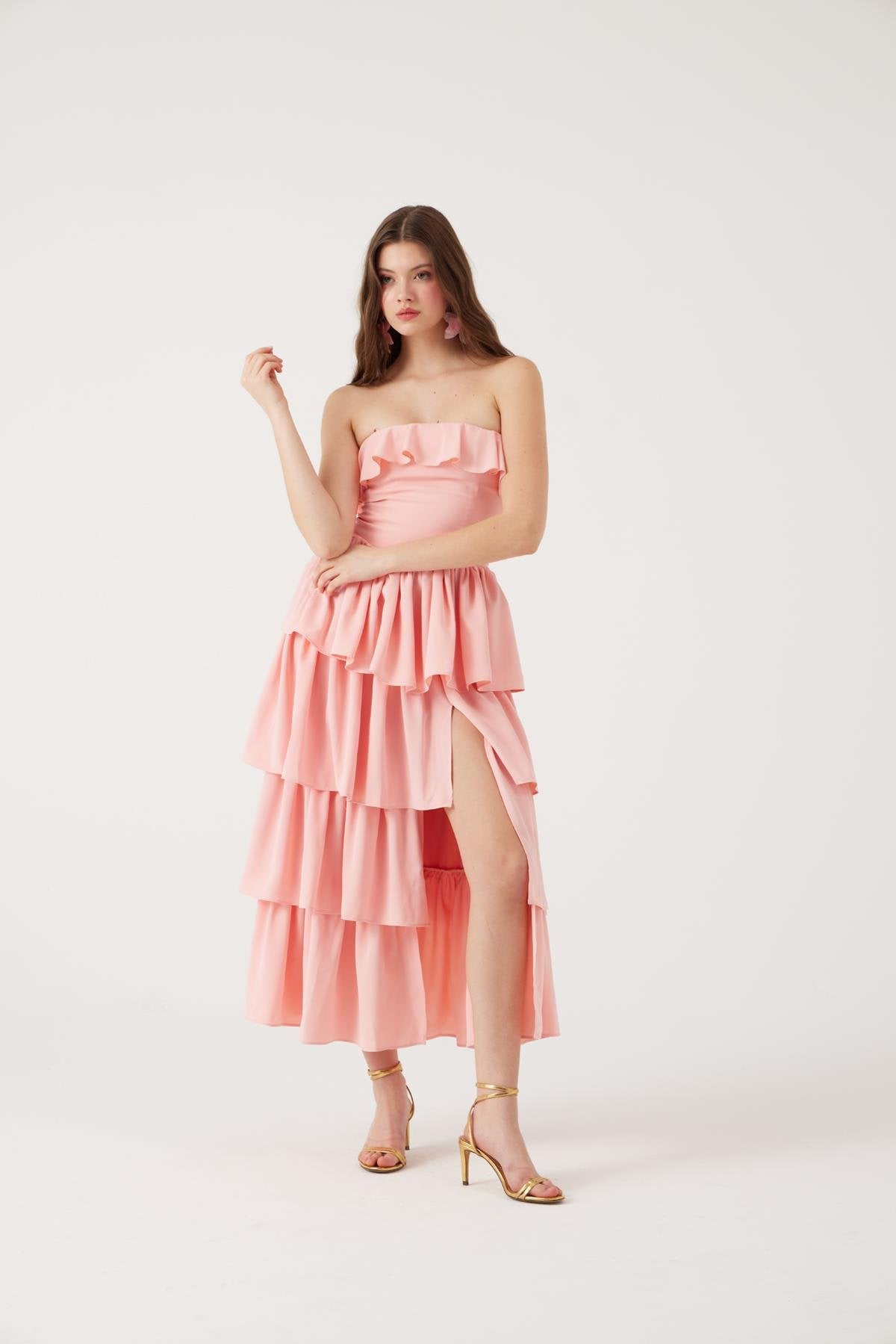 Straplez Fırfırlı Uzun Gracie Elbise Pembe