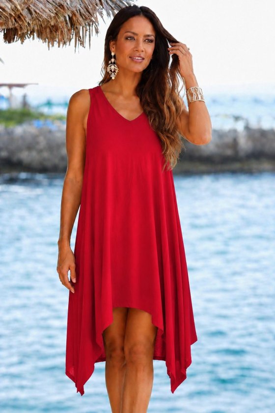 Women's Sleeveless V-Neck Asymmetric Cut Detailed Short Viscose Dress