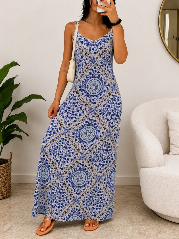 Women's Spaghetti Strap V-Neck Patterned Supreme Long Dress