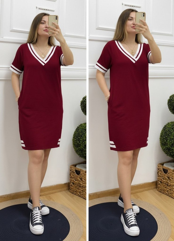 Women's Short Sleeve V-Neck Ribbed Detail Pocketed Knee-Length Viscose Dress